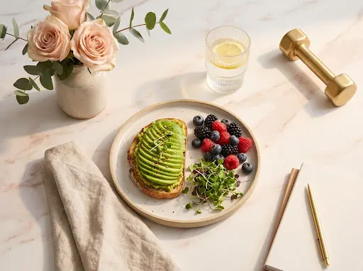 Healthy meal, infused water, flowers, and a gold dumbbell